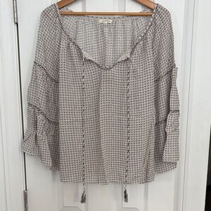 Max Studio Cream and Black Printed Peasant Blouse